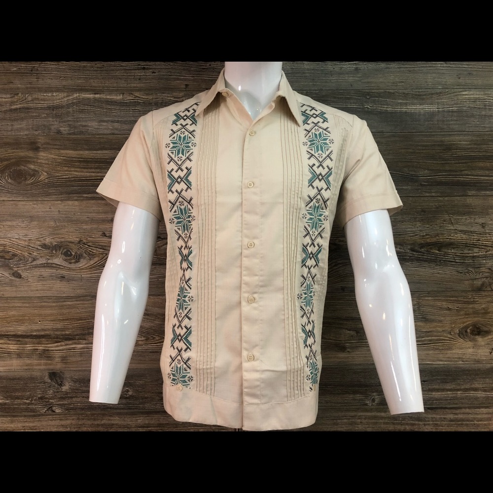 Mens Guayabera Casual Shirt Short Sleeve Beige Double Green Embroidery